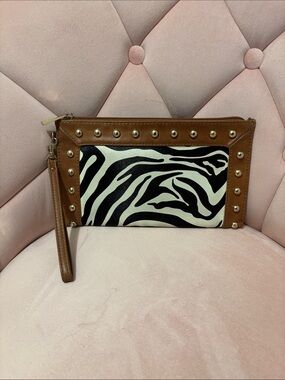 Brown Studded Wristlet with Black & White Zebra Print